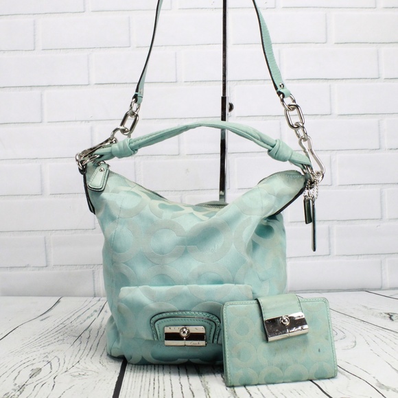 Coach Handbags - Coach Signature Teal Blue Hobo Handbag Plus Wallet